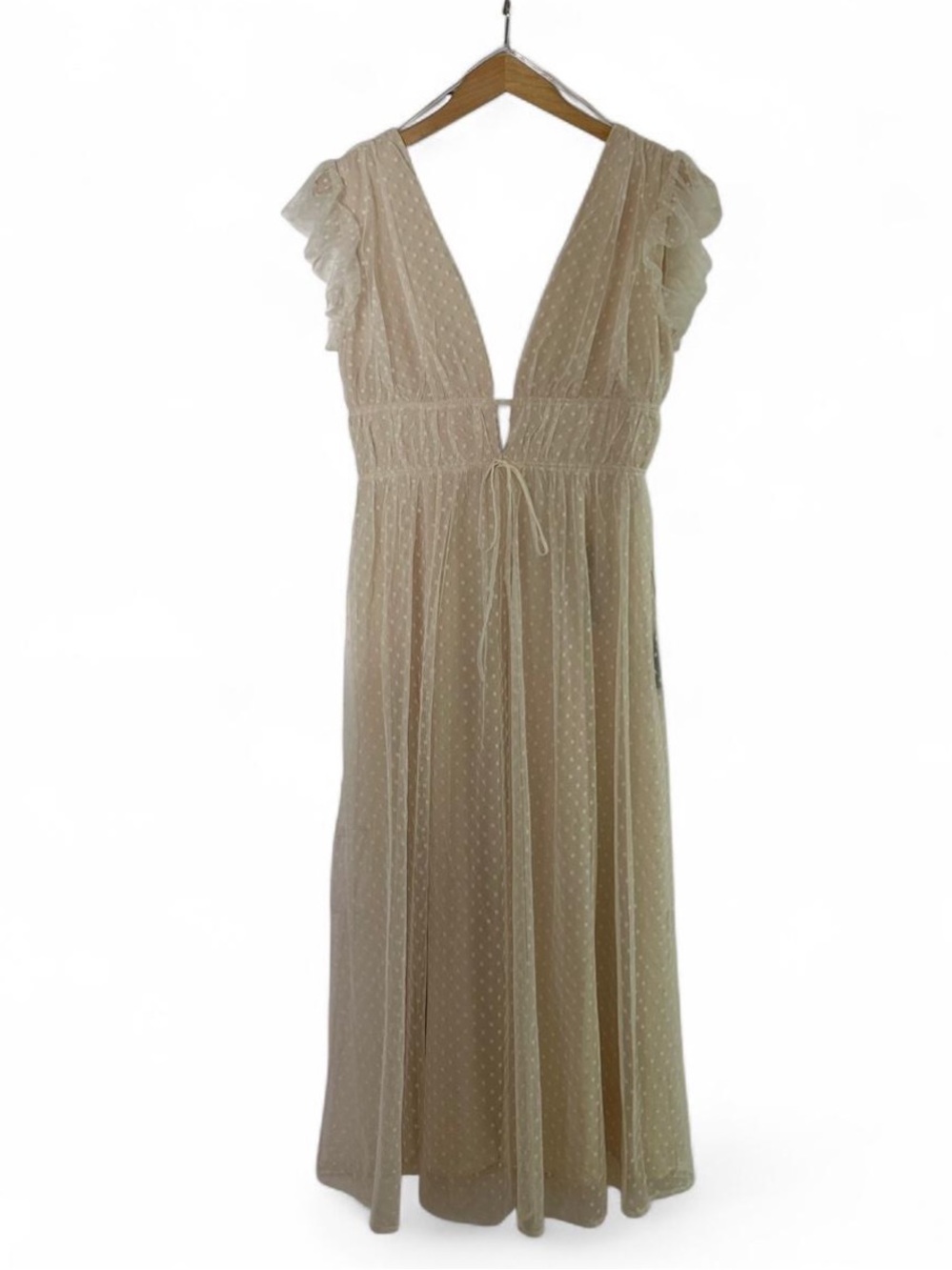NWT Lulus Cream Tulle Polka Dot Wedding Reception Maxi Dress Ruffled Size Medium - Picture 2 of 8